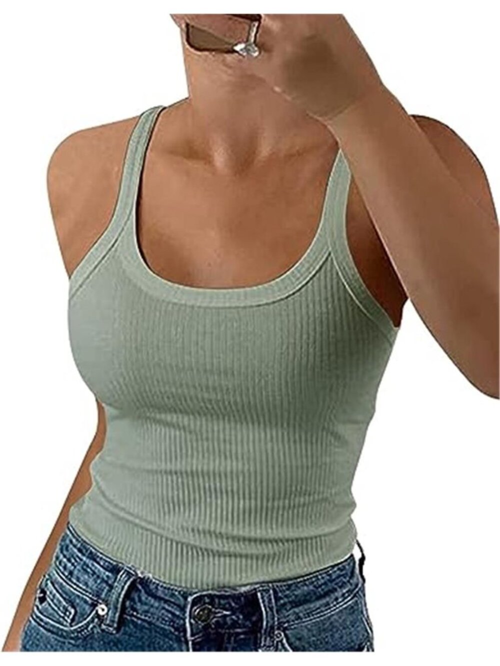 Sage Green Ribbed Scoop Neck Tank Top Slim Fit Cotton Camisole Basic Cami Shirt